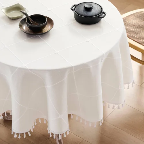 Miniatura 28 de ZeeMart - Mantel de mesa con diseño de cuadrícula boho y borlas (blanco roto, 132 cm x 132 cm), mantel de gran peso de lino a cuadros bordado