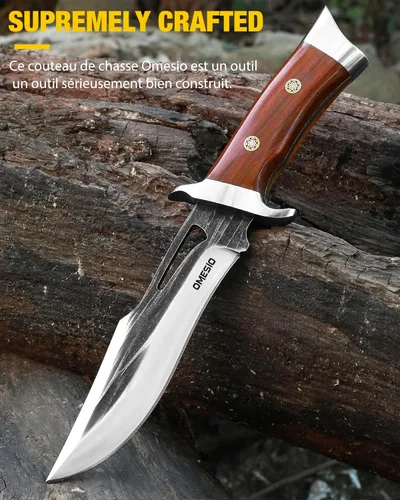 Miniatura 2 de Omesio Cuchillo de hoja fija con vaina, 11.22'' de espiga completa, cuchillos de supervivencia y caza para hombres, hoja grande de 5.7'' de acero