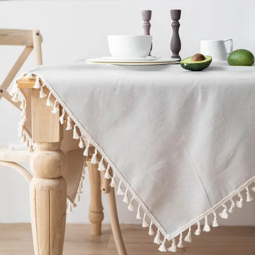 Miniatura 2 de Mantel para mesas rectangulares con borlas, revestimiento impermeable de vinilo TPU, cubierta de mesa con respaldo de arpillera de lino y algodón