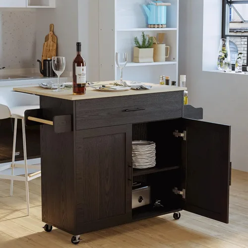 Miniatura 2 de IRONCK - Mesa de isla de cocina rodante con ruedas, hoja abatible, gabinete de almacenamiento, cajón, estante para especias/toallas, carro de Negro