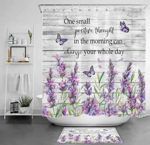 Miniatura 15 de EOBTAIN Cortina de ducha floral zen, lirio de agua blanca, mariposa y piedra zen gris, cortinas de ducha para baño, plantas, naturaleza, espiritual