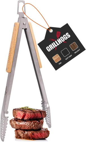 Miniatura 11 de Pinzas para barbacoa de acero inoxidable 18/0 de 9 pulgadas con mango ergonómico de madera de roble real para cocinar, accesorio duradero