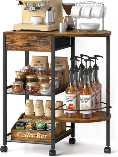 VINAEMO Estación de café con ruedas y cajón de almacenamiento, soporte de mesa grande de 15.35 pulgadas de profundidad para cocina, oficina, sala de