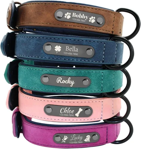Collares de perro personalizados con nombre y número de teléfono, collar de perro de piel sintética suave personalizado con identificación grabada,