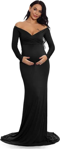 Miniatura 2 de ZIUMUDY - Vestido ajustado de maternidad con cuello en V fruncido, hombros descubiertos, manga larga, maxivestido para fotografía