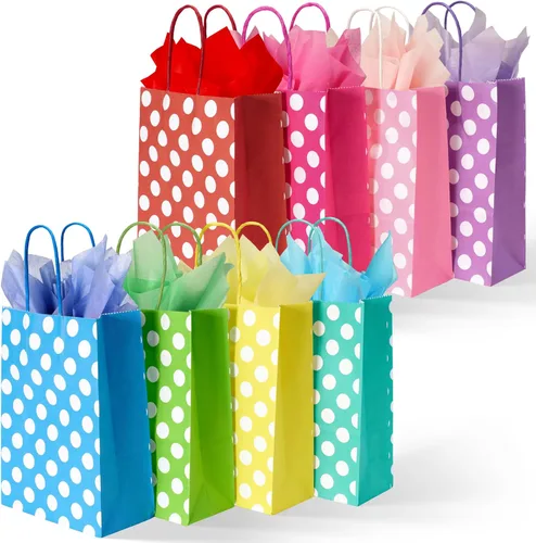 Miniatura 24 de BLEWINDZ 32 Bolsas Pequeñas de Papel para Regalos con Papel de Seda, Bolsas Amarillas para Obsequios de Fiesta con Asas, Bolsa de Golosinas de 8.7