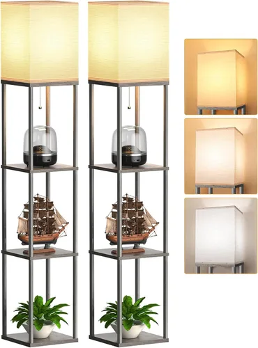Miniatura 14 de Lámpara de pie con estantes para sala de estar, paquete de 2, lámpara de pie con 3 bombillas LED CCT, lámpara de columna de pie, organizador