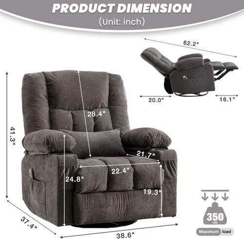 Miniatura 2 de BOSMILLER Silla reclinable de gran tamaño para adultos con masaje por vibración y calefacción lumbar, mecedora giratoria con soporte para tazas