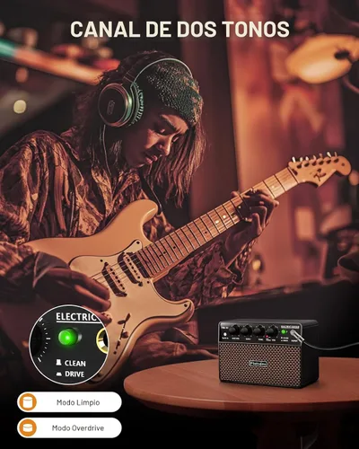 Miniatura 4 de Flatsons FBA-10 Amplificador de Guitarra, Amplificador Eléctrico Mini de 10W con Canal Limpio/Drive, 6H de Funcionamiento, Recargable por USB-C