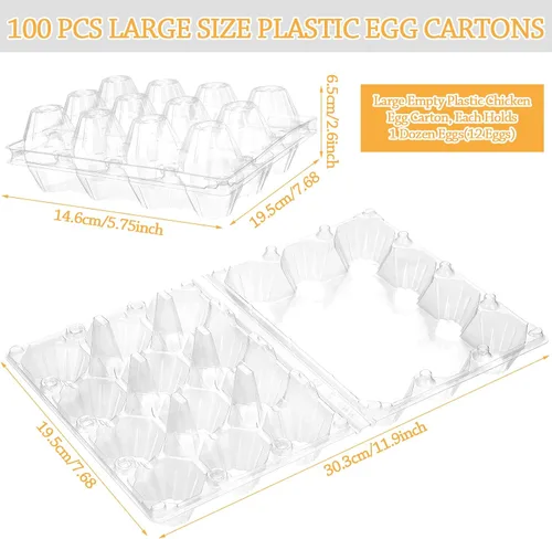 Miniatura 2 de 100 cajas de cartón de plástico para huevos a granel, 12 rejillas, bandeja transparente para huevos de gallina con etiquetas adhesivas, recipiente