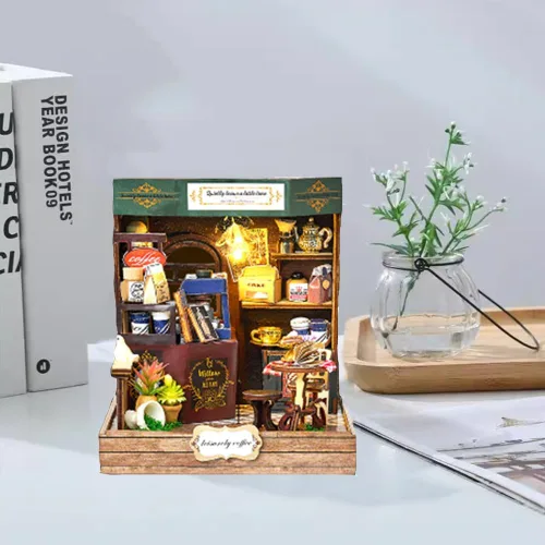Miniatura 6 de Kit de rincón de libros, kit de casa en miniatura con LED, rompecabezas de madera 3D para adultos, kit de construcción de casa de muñecas, kit