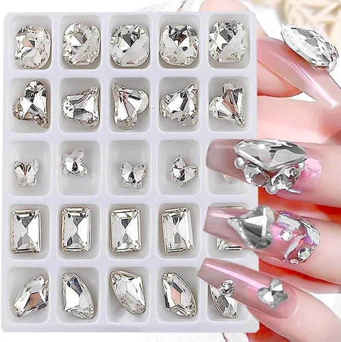 Miniatura 10 de 25 piezas de diamantes de imitación y dijes rosas para uñas, formas brillantes de mariposa y corazón, diamantes rectangulares y diamantes