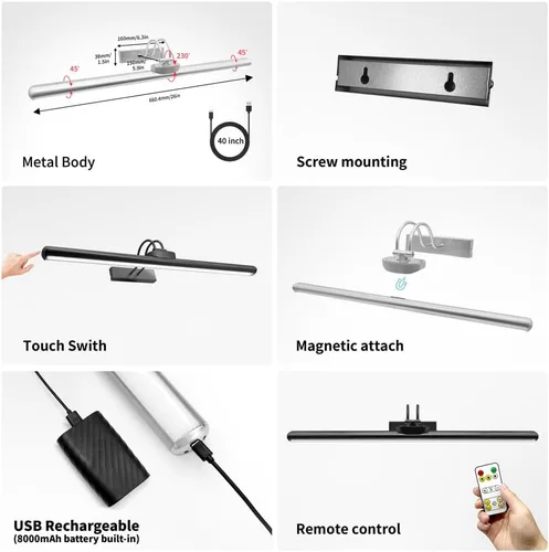 Miniatura 7 de Luces Inalámbricas para Cuadros de 26", Luz de Exhibición de Arte con Batería Recargable con Control Remoto, Regulable/Temporizador de Apagado Luz