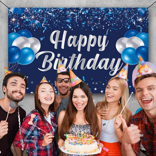 Miniatura 7 de Trgowaul Pancarta de Feliz Cumpleaños, Decoraciones de Fiesta de Cumpleaños Azul y Plateado, Suministros de Fiesta para Hombres, Mujeres y Niños