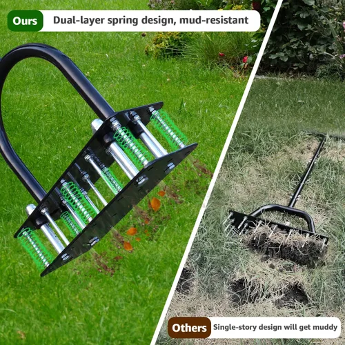 Miniatura 2 de Aireador de césped, diseño automático de limpieza de suciedad y hojas, herramienta manual de alta resistencia con 15 picos de hierro, altura Negro