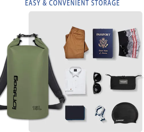 Miniatura 3 de IDRYBAG Bolsa seca para kayak impermeable 2L/5L/10L/15L/20L, pequeña bolsa impermeable para navegación Verde militar