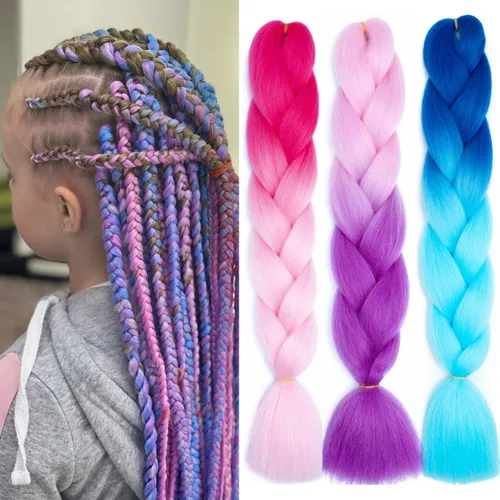 Miniatura 19 de Paquete de 3 extensiones de cabello trenzado de colores de 24 pulgadas, extensiones de cabello sintético para trenzar, morado, verde, amarillo