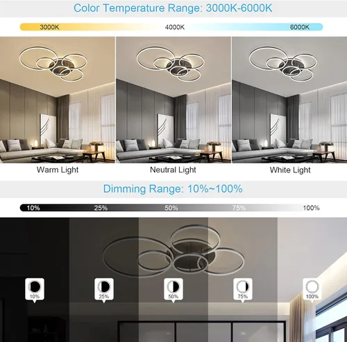 Miniatura 2 de Lámpara de techo LED moderna de 106W con control remoto de acrílico regulable con 6 anillos circulares, lámpara de techo para sala de estar, lámpara