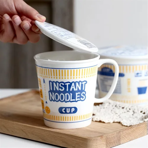 Miniatura 4 de Cuenco de fideos instantáneos de cerámica con tapa, taza creativa para sopa de ramen, cuenco para almuerzo para estudiantes (color azul, tamaño: S)