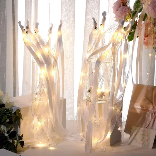Miniatura 5 de Unittype 24 varitas de luz para boda, serpentina de seda con campana, cinta LED de hadas, varita de hadas que brillan en la oscuridad, palos