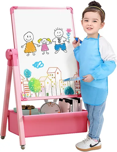 Miniatura 8 de Caballete de arte para niños, caballete de dibujo de doble cara para niños, pizarra blanca y pizarra negra, giratorio 360° ajustable (negro)