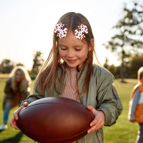 Miniatura 6 de Whaline 6 pinzas para el pelo de fútbol para niñas, estampado de fútbol marrón y blanco, cinta de grogrén con temática deportiva, pinzas