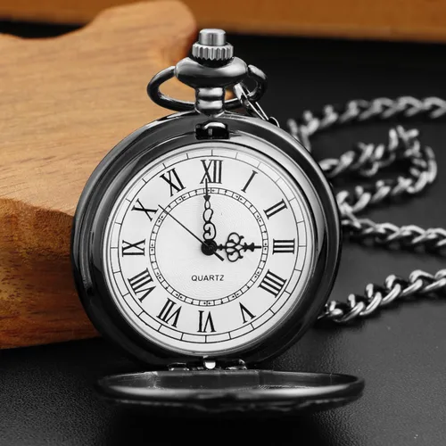 Miniatura 5 de Large Decorative Flower Pattern White Roman Numeral Scale Quartz Pocket Watches for Men with Chain