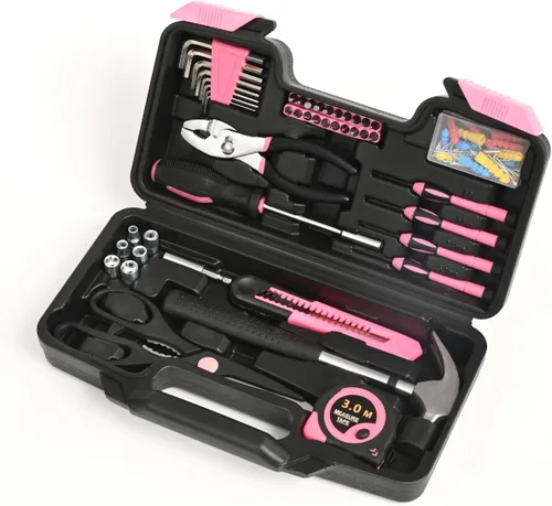 Miniatura 8 de Juego de herramientas para el hogar de 132 piezas, color rosa, kit de herramientas manuales para el hogar con caja de herramientas de plástico, Rosa