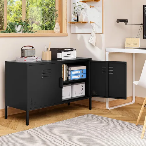 Miniatura 5 de SISESOL Armario de almacenamiento de metal negro con puertas y estantes, armario de almacenamiento de metal ancho de 2 puertas con patas y orificio
