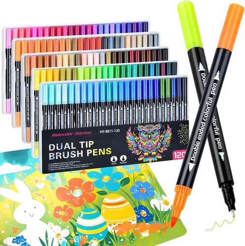 MIN CI Marcadores de doble punta de 120 colores, punta fina y punta de pincel, marcadores permanentes para dibujar suministros de arte, kit de