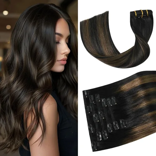 Miniatura 16 de Aison Extensiones de cabello humano real con clip, color marrón oscuro, 2.47 onzas, cabello humano Remy, 12 pulgadas, para mujeres, 7 unidades, 16