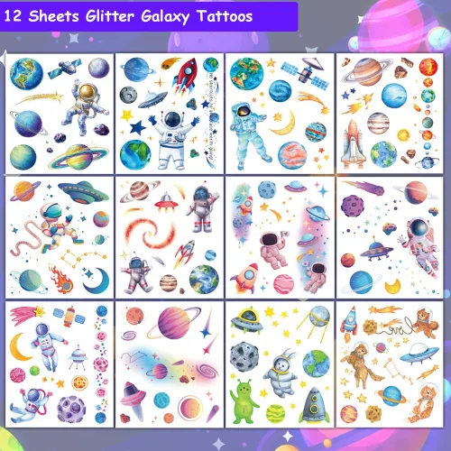 Miniatura 2 de 120 tatuajes temporales de galaxia con purpurina para niños y niños, 12 hojas de tatuajes del espacio exterior para niños, suministros de fiesta