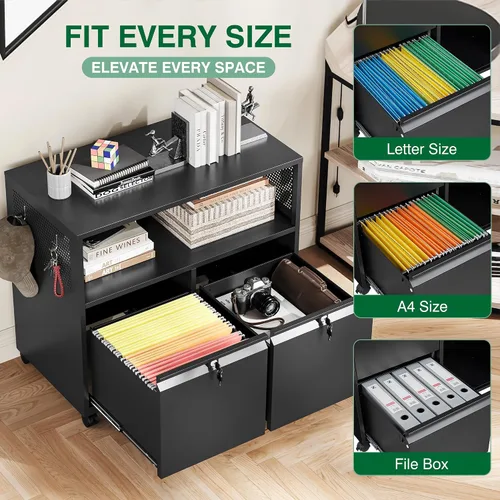 Miniatura 4 de Archivador de metal con 2 cajones con cerradura, gabinete archivador con soporte para impresora móvil y estantes para archivos de tamaño Negro