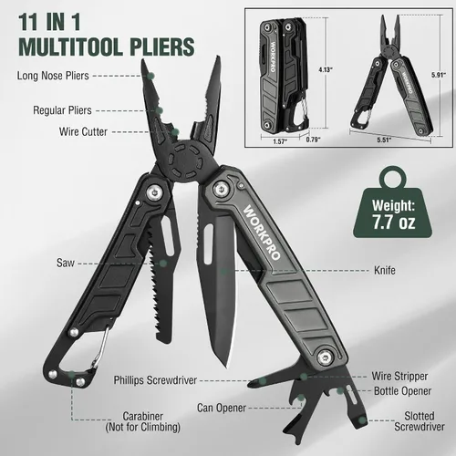 Miniatura 2 de WORKPRO Multiherramienta de 11 en 1 con alicates, clip de bolsillo y funda - Cuchillo multiuso EDC con cierre de seguridad - Cuchillo de bolsillo