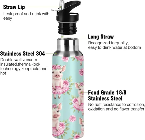 Miniatura 3 de Cute Watercolor Pigs Flower Crowns Insulated Stainless Steel Water Bottle with Straw 20 Oz Leakproof Water Bottles, BPA-Free Sports Water Bottle
