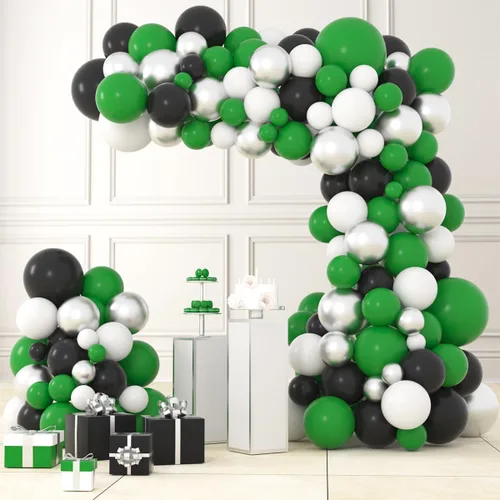 Kit de guirnalda de arco de globos de color verde, negro, blanco y plateado, globos verdes y blancos para safari en la selva, baby shower,