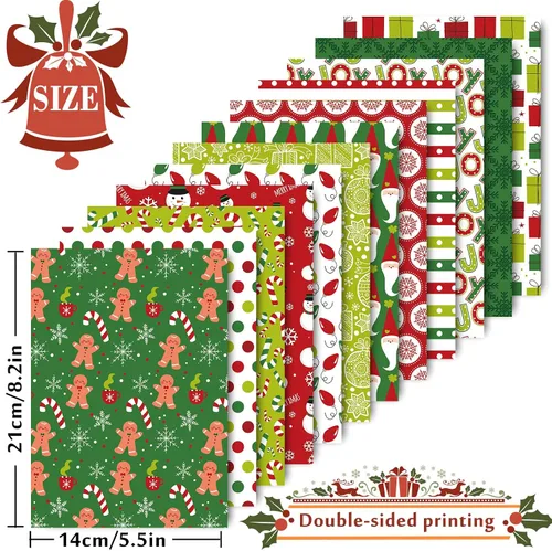 Miniatura 2 de Whaline Juego de 60 hojas de papel con patrón de Navidad, 12 diseños de tamaño A5, muñeco de nieve, Papá Noel, hombre de jengibre, papel brillante