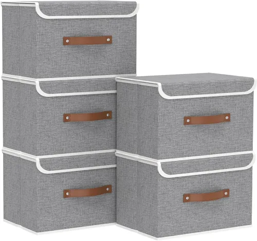 Miniatura 19 de Yawinhe SNK024BEN-1 Cajas de almacenamiento plegables, cestas apilables de tela de lino, contenedor con tapa y asa de cuero, lavable, para el hogar