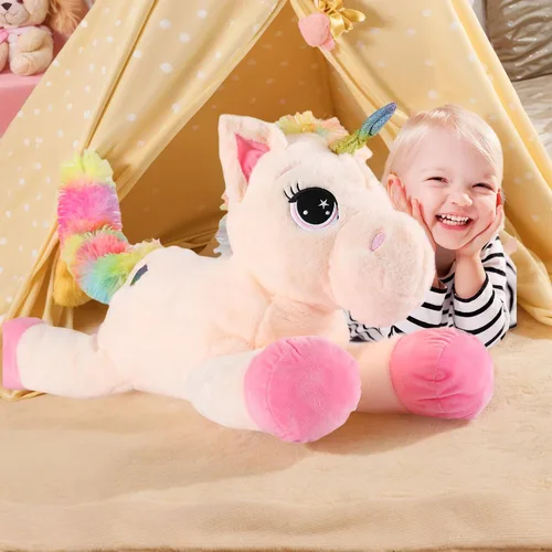 Miniatura 6 de Tezituor Juguetes de peluche de unicornio grande de 43 pulgadas, animales de peluche de unicornio blanco hueso, bonitas decoraciones de cumpleaños