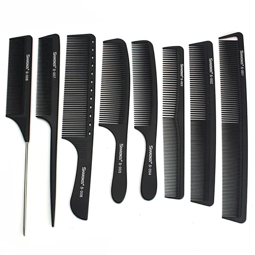 Peine de carbono profesional de peluquería blanco/negro resistente al calor y antiestático, juego de 8 piezas/juego de 10 piezas, primera opción