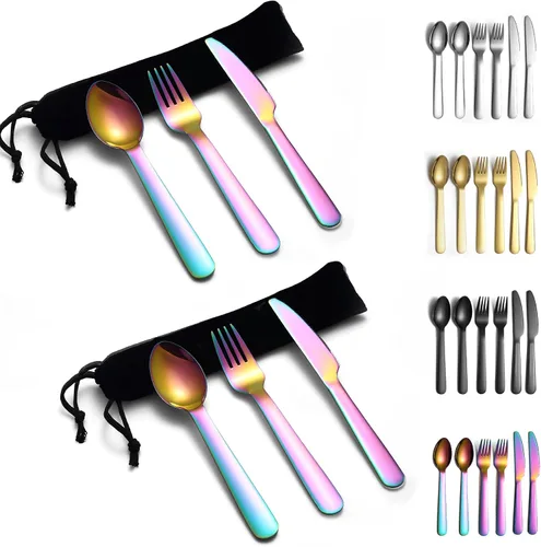 Miniatura 7 de Evanda Juego de cubiertos portátiles de 3 piezas, incluye cuchara tenedor y cuchillo, juego de cubiertos de camping con bolsa negra, para el hogar