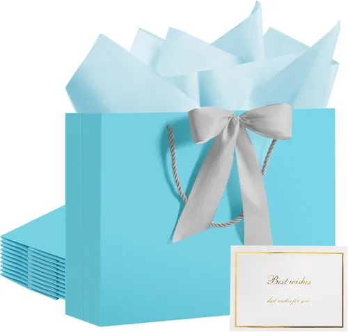 PASEOTA Juego de 10 bolsas de regalo de 12.6 pulgadas, tamaño mediano, incluye papel de seda, tarjetas y cintas, bolsas de regalo de lujo con asas