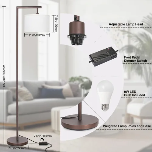 Miniatura 4 de Lámpara de pie completamente regulable marrón, lámpara de pie de arco para dormitorio con pantalla colgante ajustable y interruptor de pie, lámpara