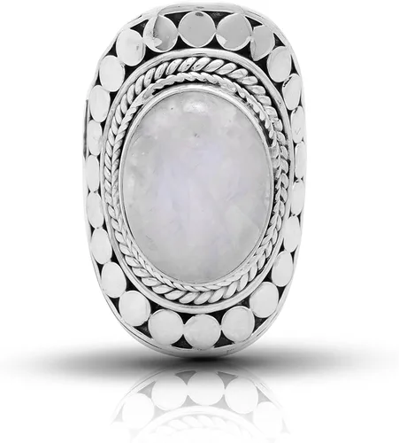 Koral Jewelry Anillo étnico de piedra de luna ovalada, plata de ley 925, estilo vintage, tribal gitano, bohemio, talla 6, 7, 8, 9, 10