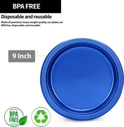 Miniatura 2 de Platos de plástico azul de 9 pulgadas – 50 unidades – Platos redondos de plástico sólido para fiestas, bodas, barbacoas, platos de cumpleaños