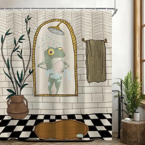 Miniatura 9 de Juego de cortina de ducha divertida con diseño de ranas para el baño 60x72 pulgadas, cortina de ducha retro linda con diseño de ranas, cortina