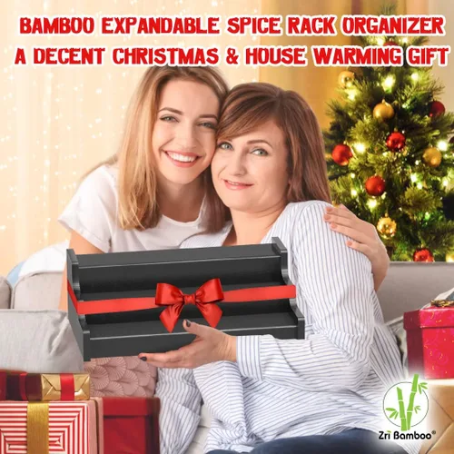 Miniatura 4 de Organizador de especias para gabinete, estante de exhibición expandible de madera de bambú negro de 3 niveles de 12.70 a 22.20 pulgadas