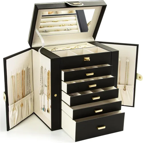 KAMIER Joyero para mujer, caja organizadora grande de 6 capas con espejo y 5 cajones para anillos, aretes, collares, pulseras, color negro