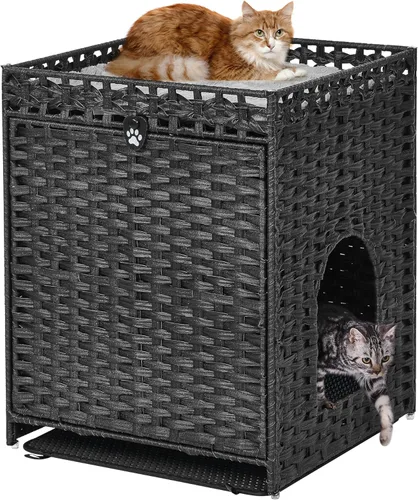 Miniatura 14 de Caja de arena para gatos con alfombrilla de arena suave; muebles ocultos de baño para gatos con puerta; casa de gato de ratán tejida a mano; jaula