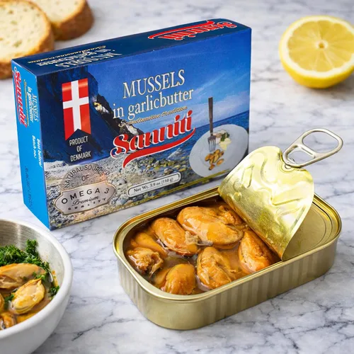 Miniatura 3 de Sanniti Mejillones en mantequilla de ajo, 3.9 onzas Mariscos estilo escandinavo Caliente y servir Producto de Dinamarca Fuente natural